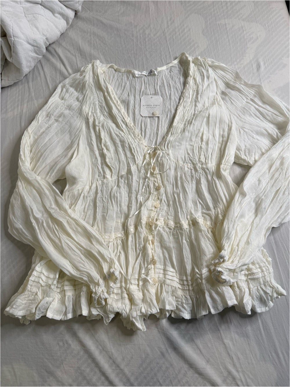 Light Cream Peasant Blouse with Button Front - Picture 2 of 4
